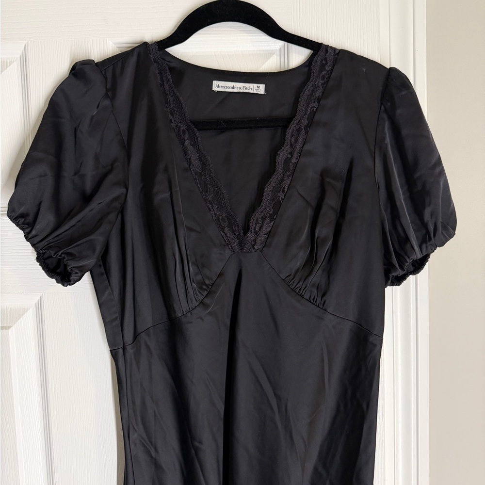 Abercrombie & Fitch Black Satin V-Neck Slip Dress with Puff Sleeves